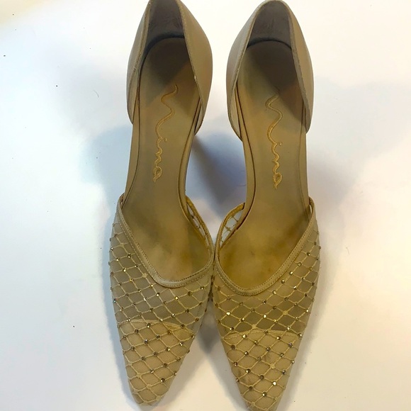 Nina Shoes - Nina Tan satin like jeweled heels size 7.5
